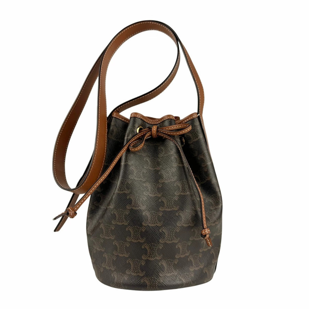 Celine Shoulder Bag Drawstring Leather Brown Black